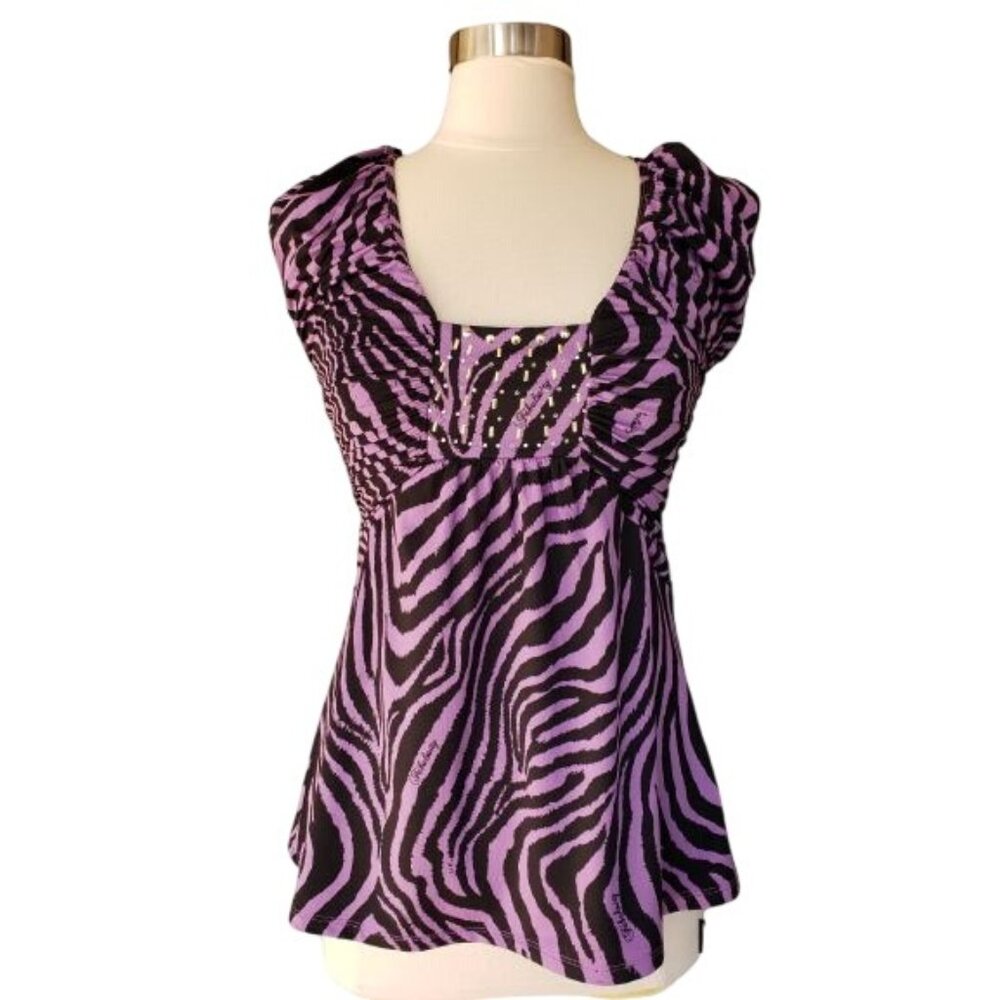 Fabulosity Designer Top M Purple Black Studded Zebra Ruched Slvs Y2K Edgy Glam
